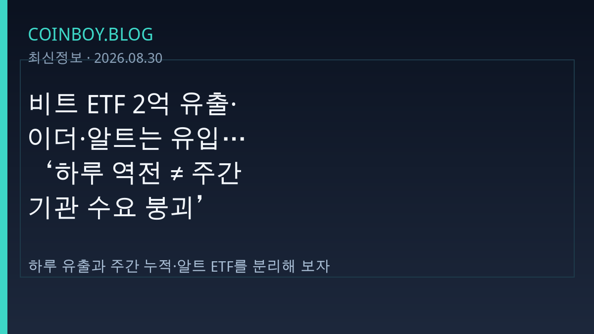 비트 ETF 2억 유출·이더·알트는 유입…‘하루 역전 ≠ 주간 기관 수요 붕괴’