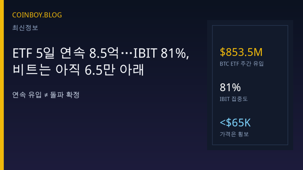 ETF 5일 연속 8.5억…IBIT 81%, 비트는 아직 6.5만 아래