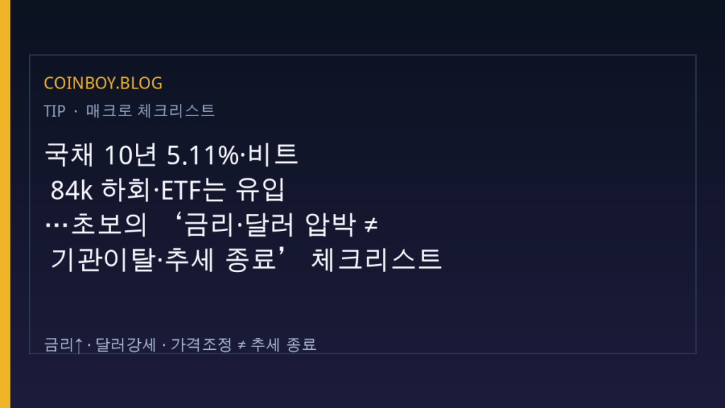 국채 10년 5.11%·비트 84k 하회·ETF는 유입…초보의 ‘금리·달러 압박 ≠ 기관이탈·추세 종료’ 체크리스트