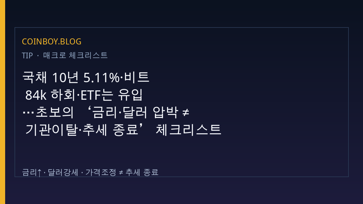 국채 10년 5.11%·비트 84k 하회·ETF는 유입…초보의 ‘금리·달러 압박 ≠ 기관이탈·추세 종료’ 체크리스트